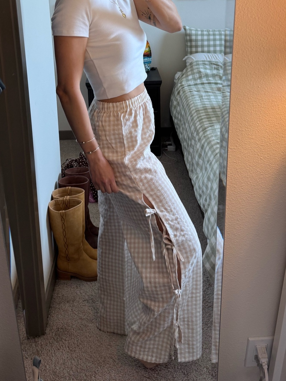 cream/white gingam pants with bows